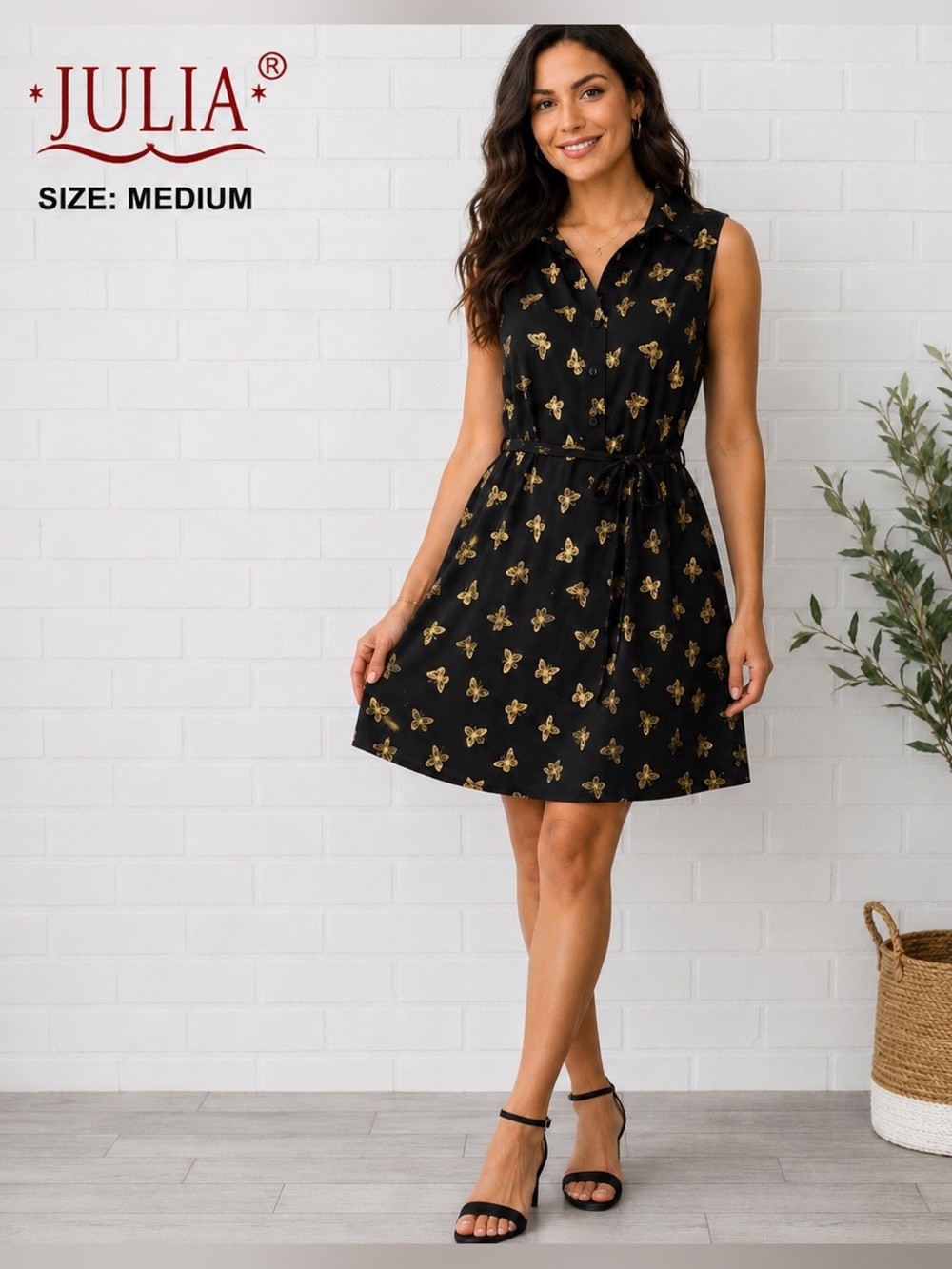 Julia Black & Gold Butterfly Print Sleeveless Shirt Dress Cottagecore boho/M
